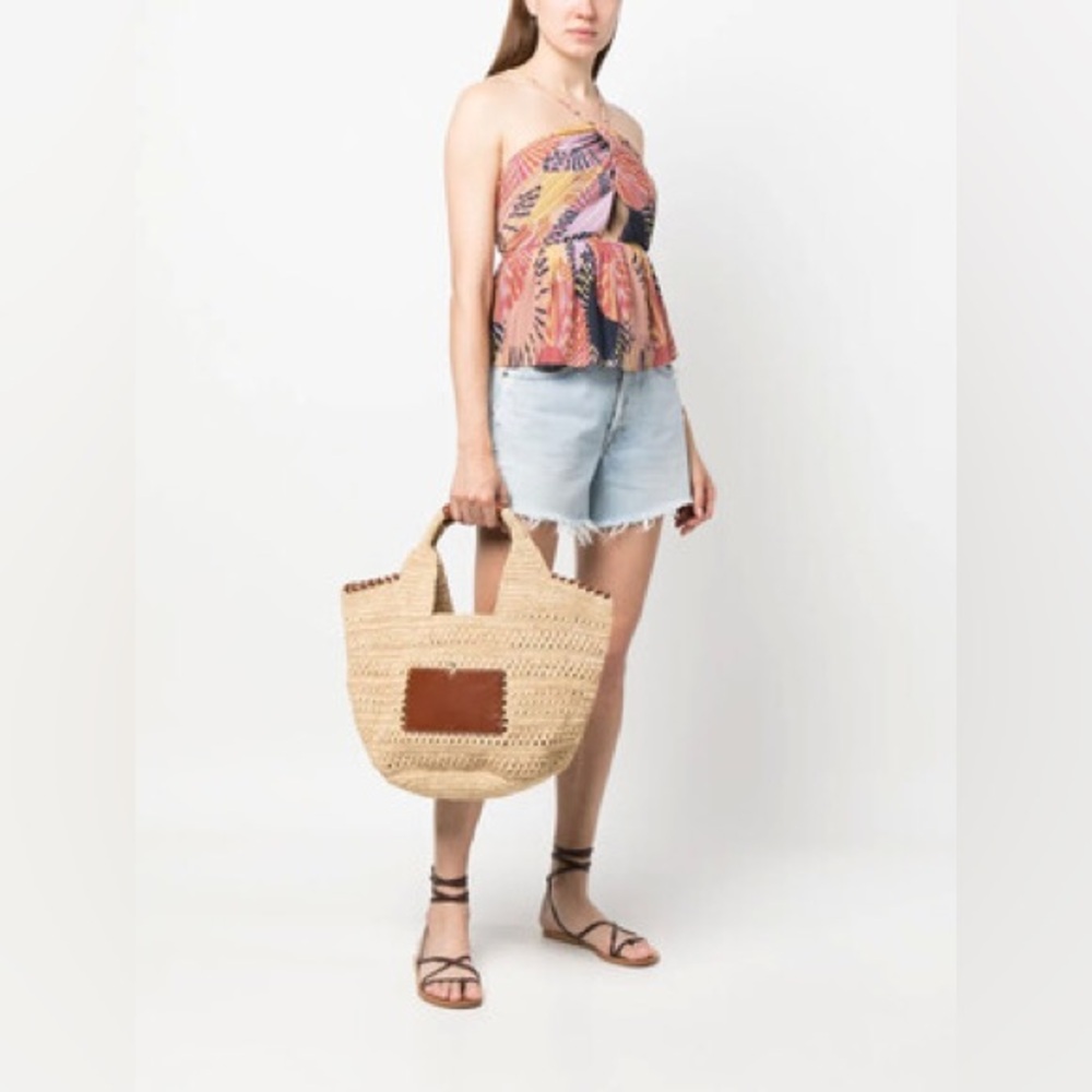 BCBG Woven Raffia Tote Bag Leather Handles Logo Patch Boho Vacation - Picture 16 of 16